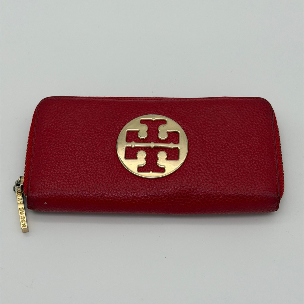 Tory Burch Red Pebbled Leather Zip Around Continental Wallet Gold Double T Logo